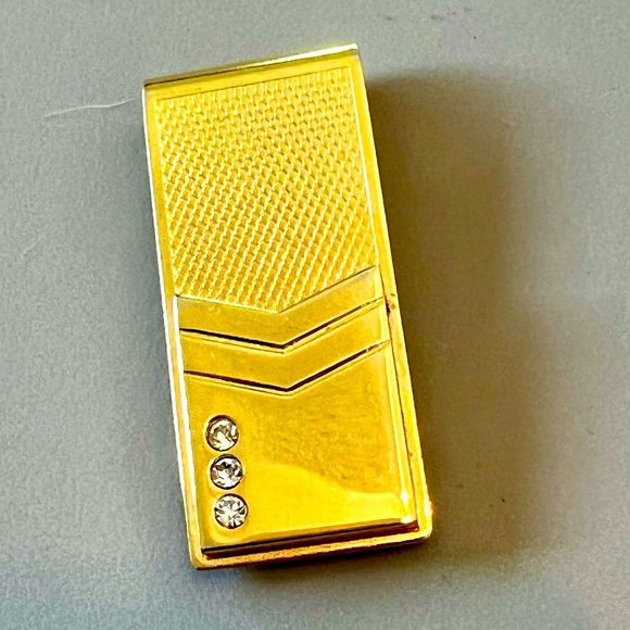 Money Clip Gold Tone Textured Three Rhinestones - Picture 1 of 6